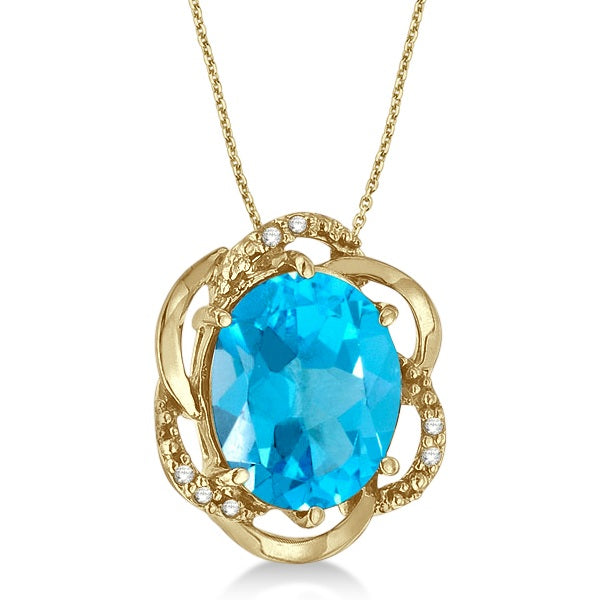 Blue Topaz & Diamond Flower Shaped Pendant 14k Yellow Gold (3.00ct)