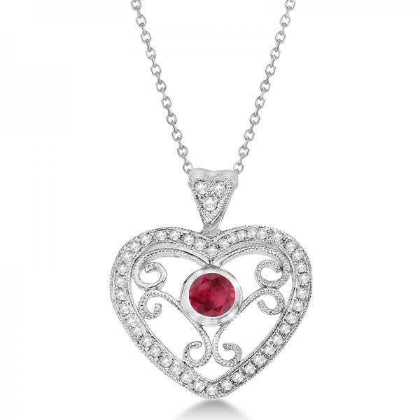 Ruby Gemstone Filigree Heart Pendant in 14K White Gold (0.44ct)