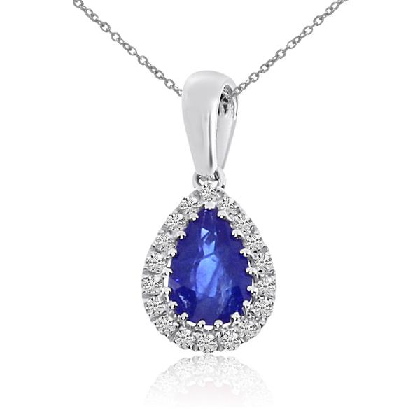 Diamond Teardrop Pear Blue Sapphire Pendant Necklace 14k White Gold (0.57ct)