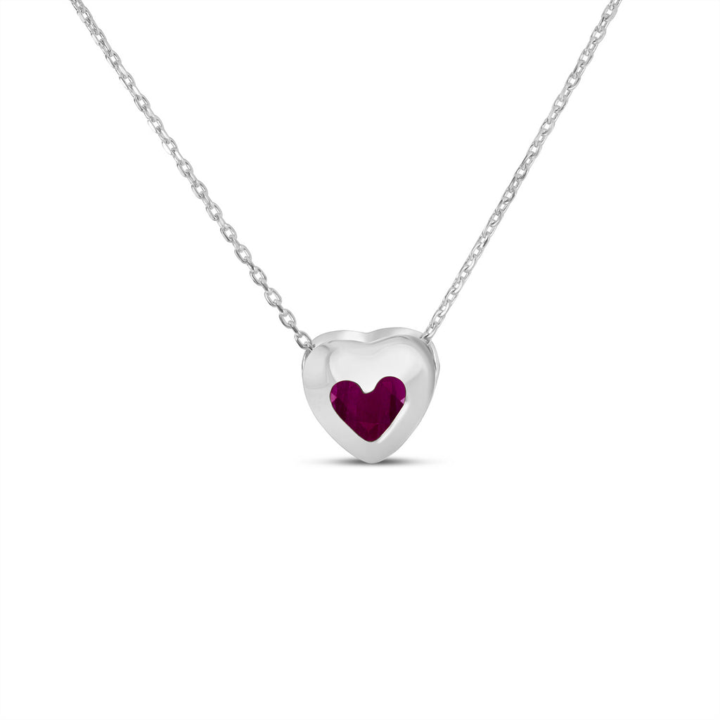 Heart Lab Ruby Bezel Pendant Necklace 14K White Gold (0.33ct)