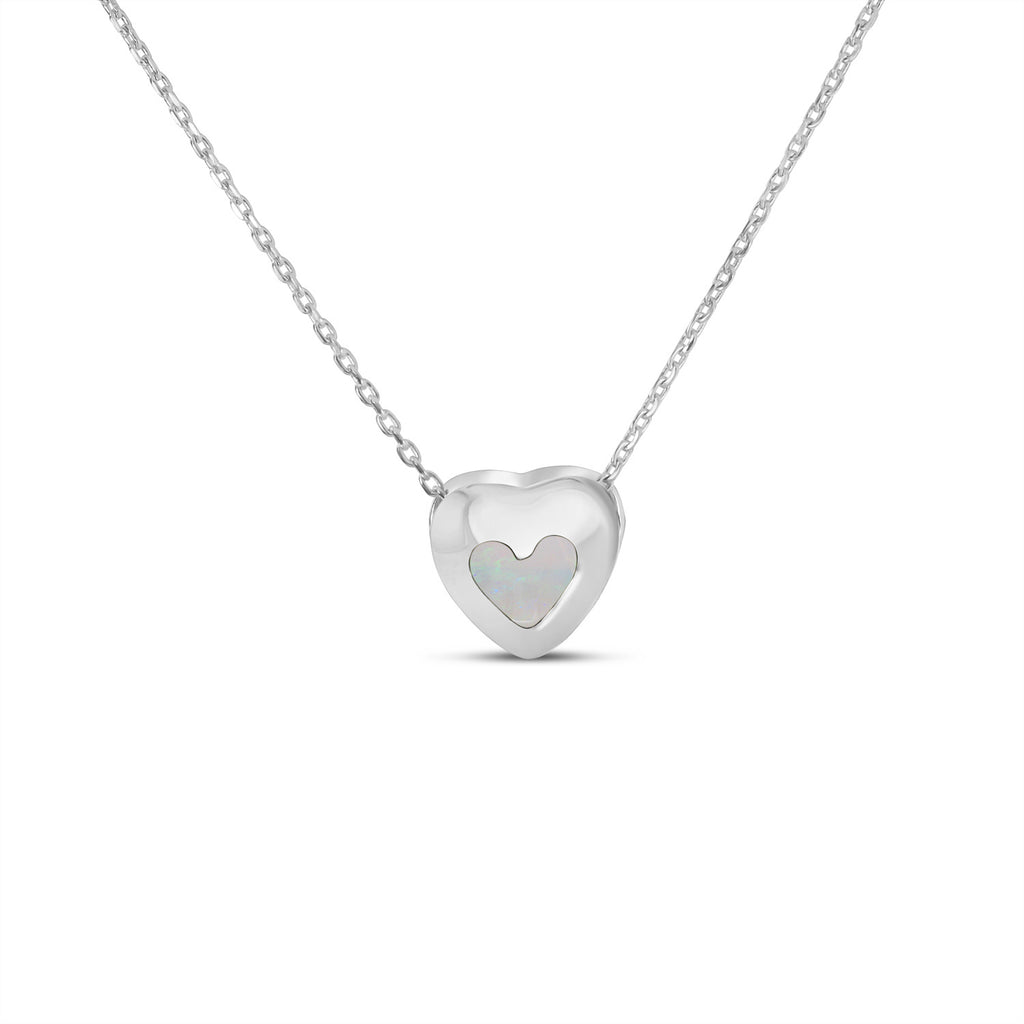 Heart White Opal Bezel Pendant Necklace 14K White Gold (0.16ct)