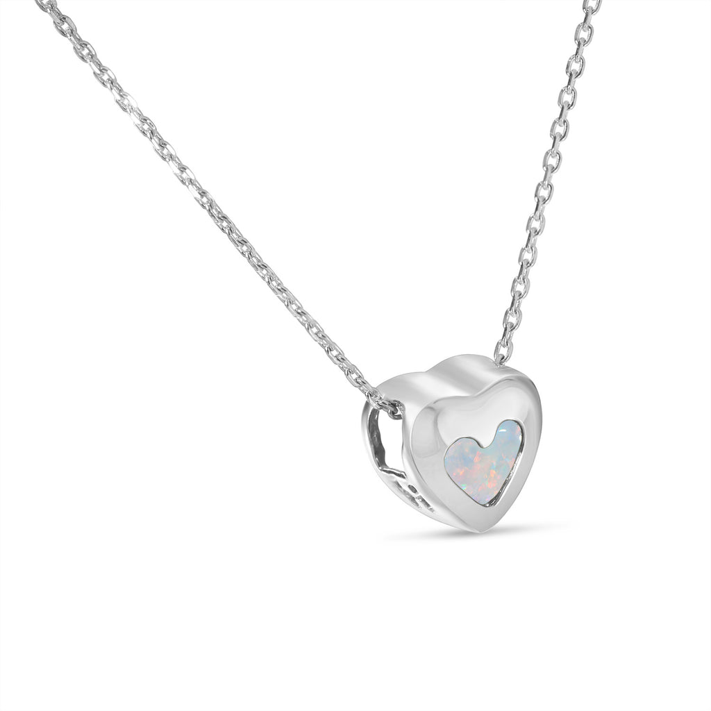 Heart White Opal Bezel Pendant Necklace 14K White Gold (0.16ct)