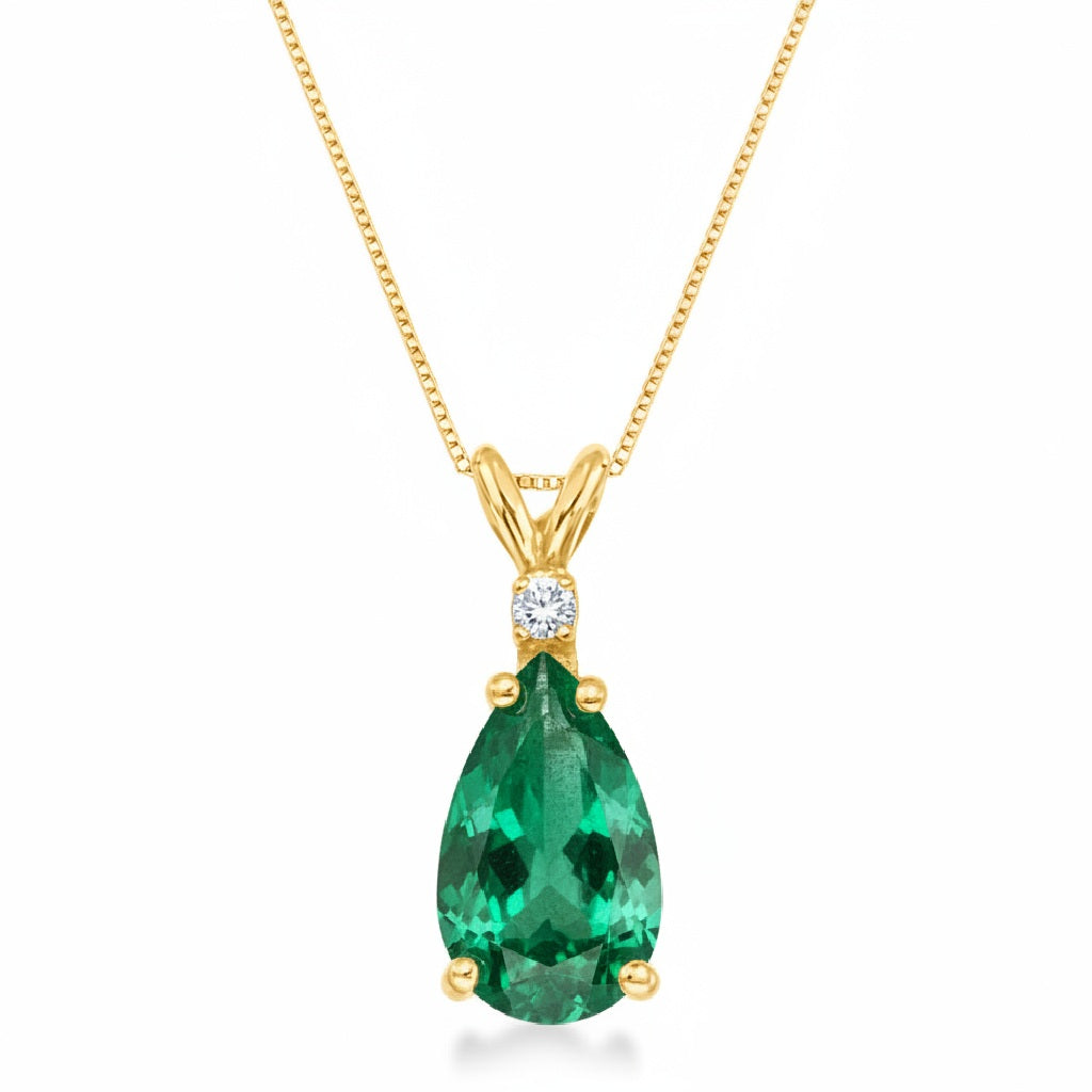 Pear Emerald & Diamond Solitaire Pendant Necklace 14k Yellow Gold (1.40ct)