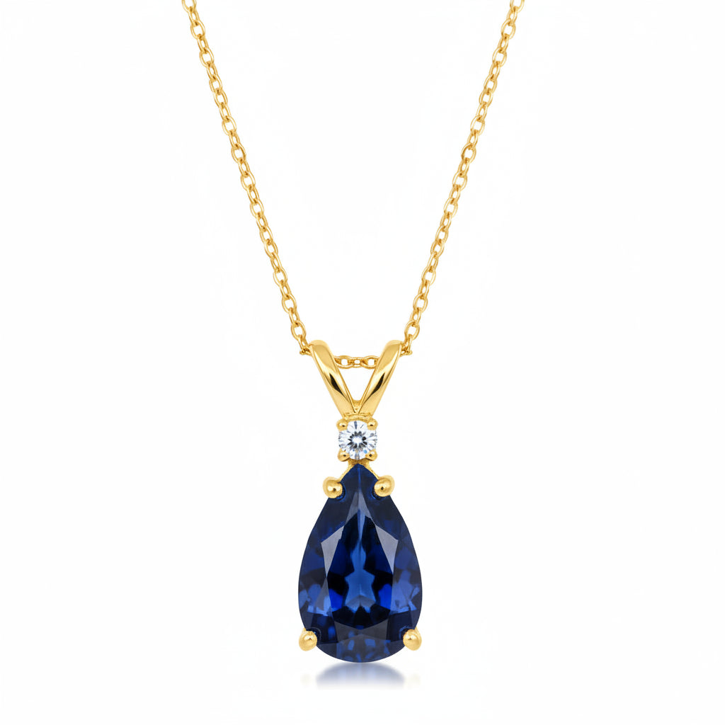Pear Lab Blue Sapphire & Diamond Solitaire Pendant Necklace 14k Yellow Gold (1.25ct)