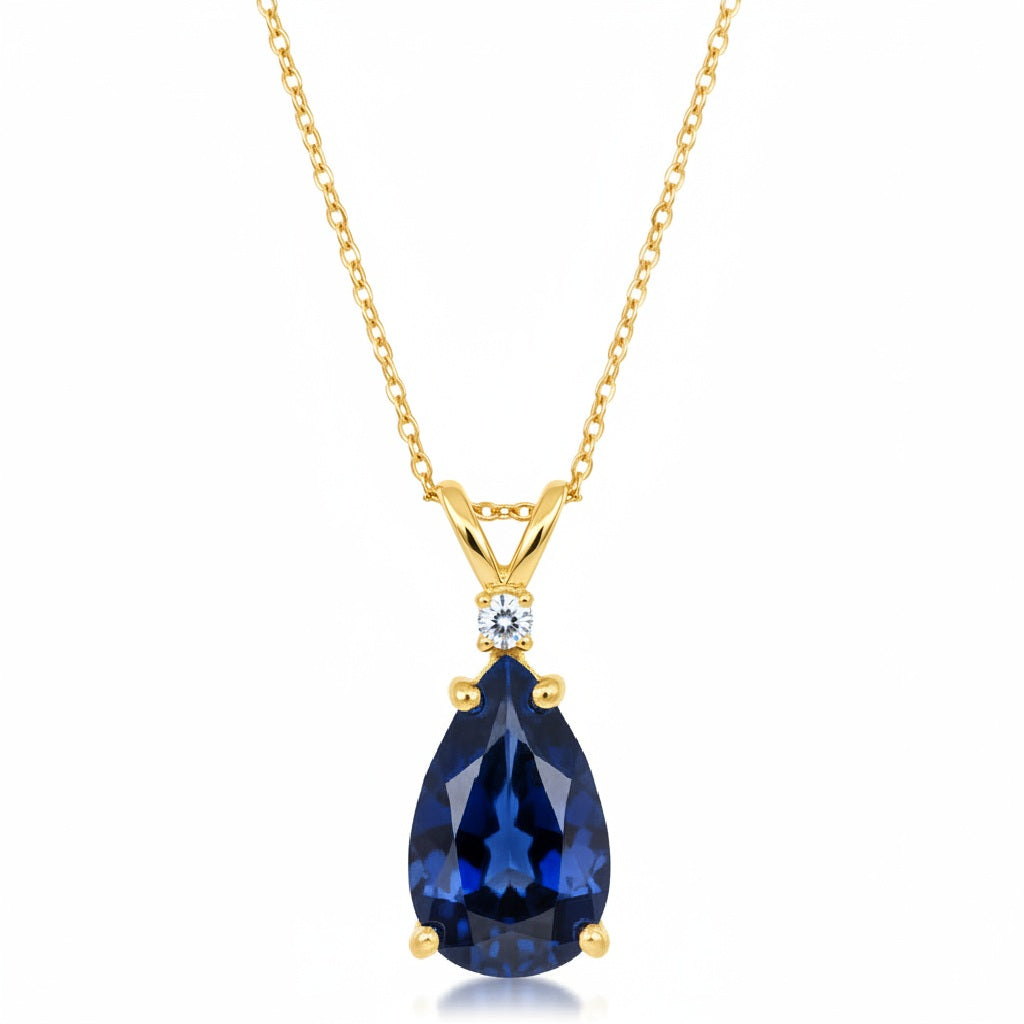 Pear Lab Blue Sapphire & Diamond Solitaire Pendant Necklace 14k Yellow Gold (2.05ct)