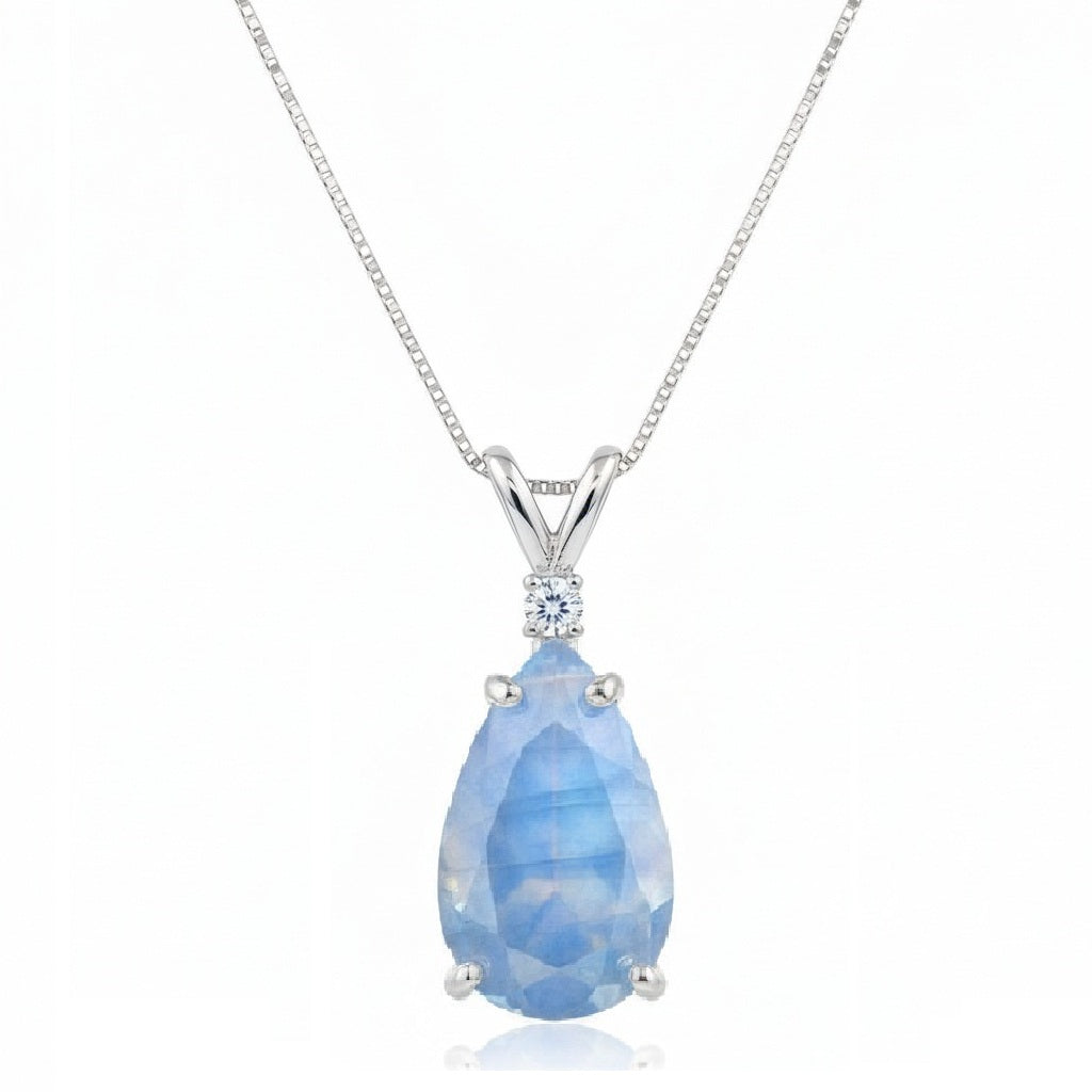 Pear Moonstone & Diamond Solitaire Pendant Necklace 14k White Gold (1.35ct)
