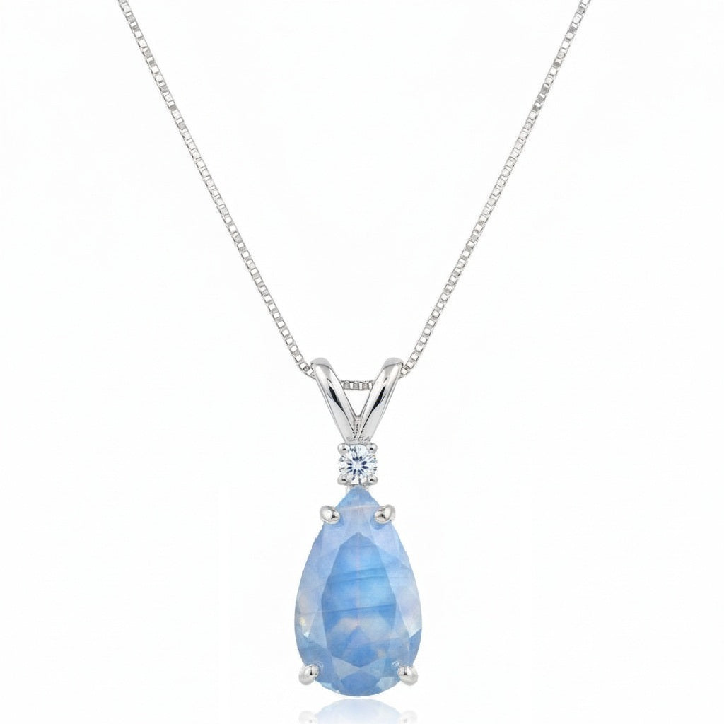 Pear Lab Moonstone & Diamond Solitaire Pendant Necklace 14k White Gold (0.90ct)