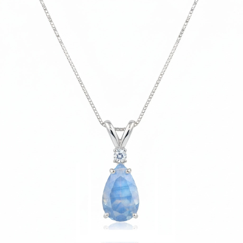 Pear Moonstone & Diamond Solitaire Pendant Necklace 14k White Gold (0.75ct)