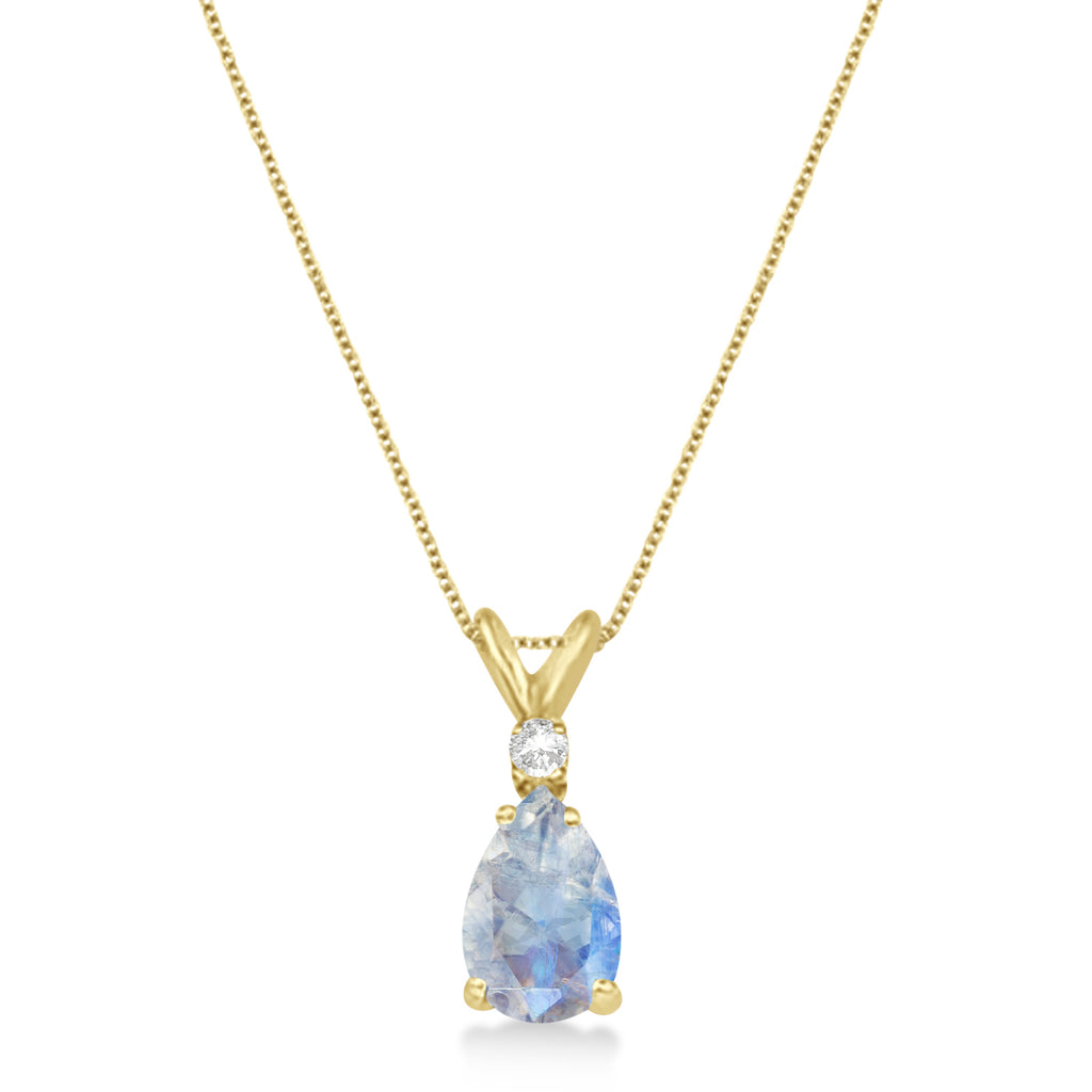 Pear Moonstone & Diamond Solitaire Pendant Necklace 14k Yellow Gold (0.90ct)