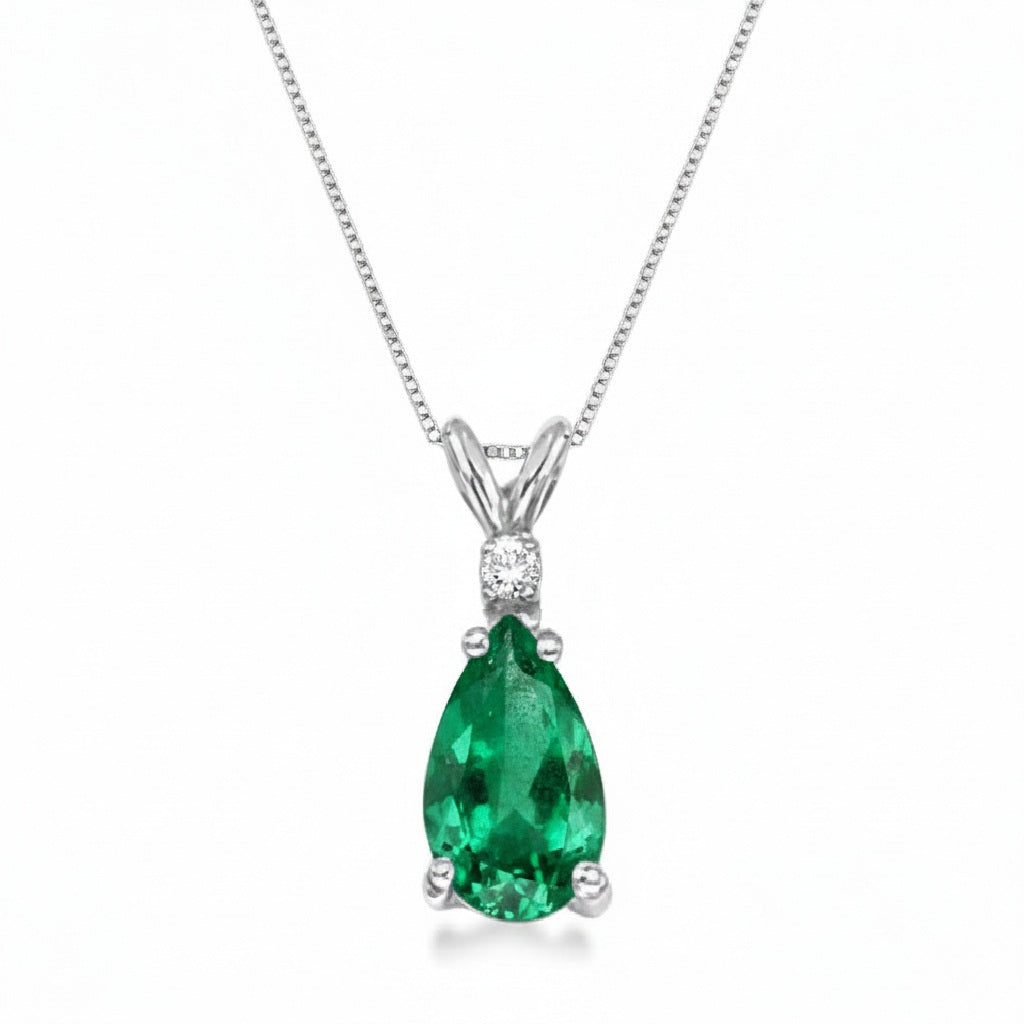 Pear Emerald & Diamond Solitaire Pendant Necklace 14k White Gold (0.85ct)