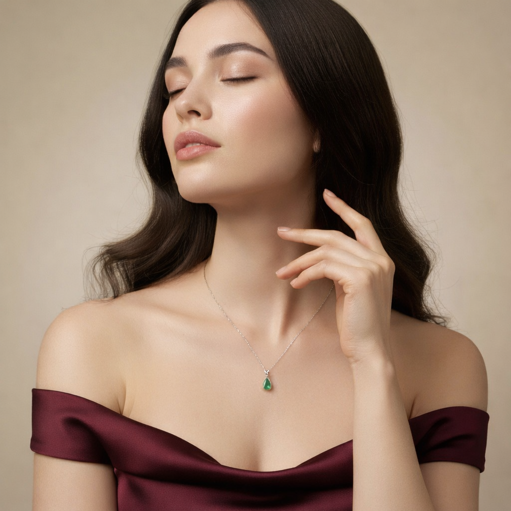Pear Emerald & Diamond Solitaire Pendant Necklace 14k White Gold (1.40ct)