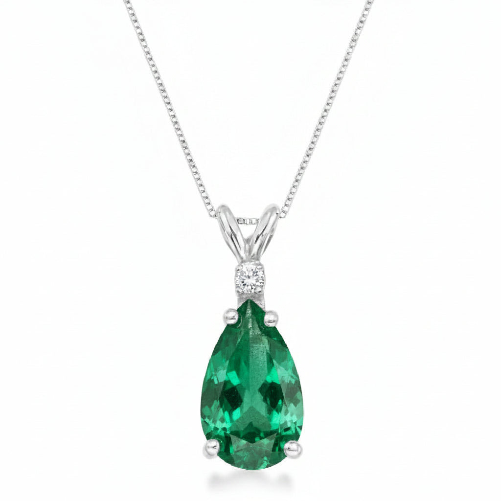 Pear Emerald & Diamond Solitaire Pendant Necklace 14k White Gold (1.40ct)