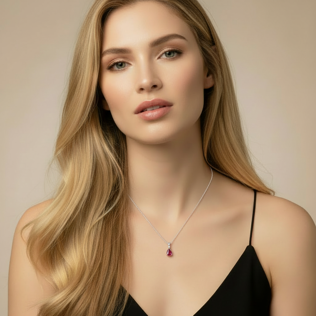 Pear Ruby & Diamond Solitaire Pendant Necklace 14k White Gold (1.25ct)