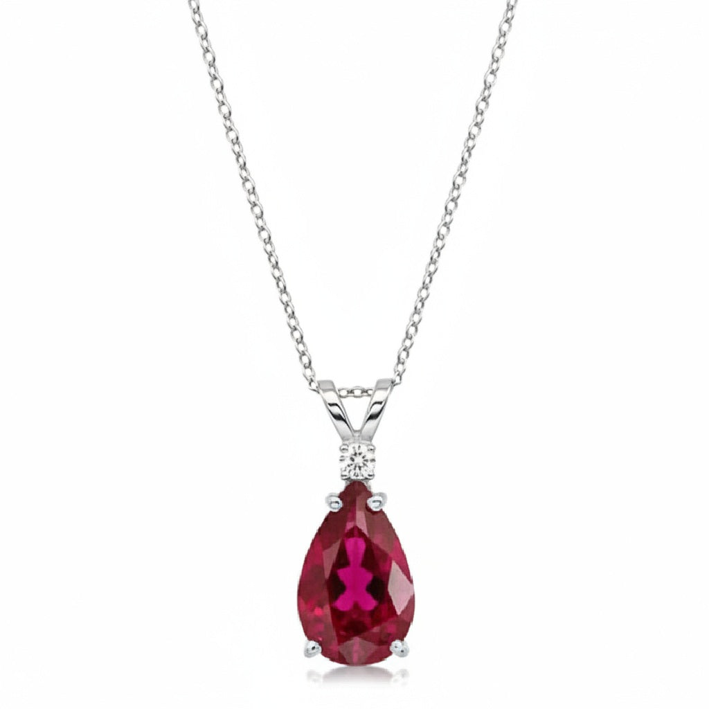 Pear Ruby & Diamond Solitaire Pendant Necklace 14k White Gold (2.05ct)