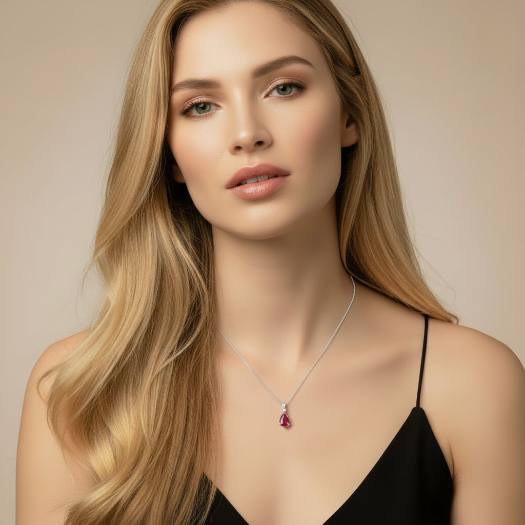Pear Ruby & Diamond Solitaire Pendant Necklace 14k White Gold (2.05ct)