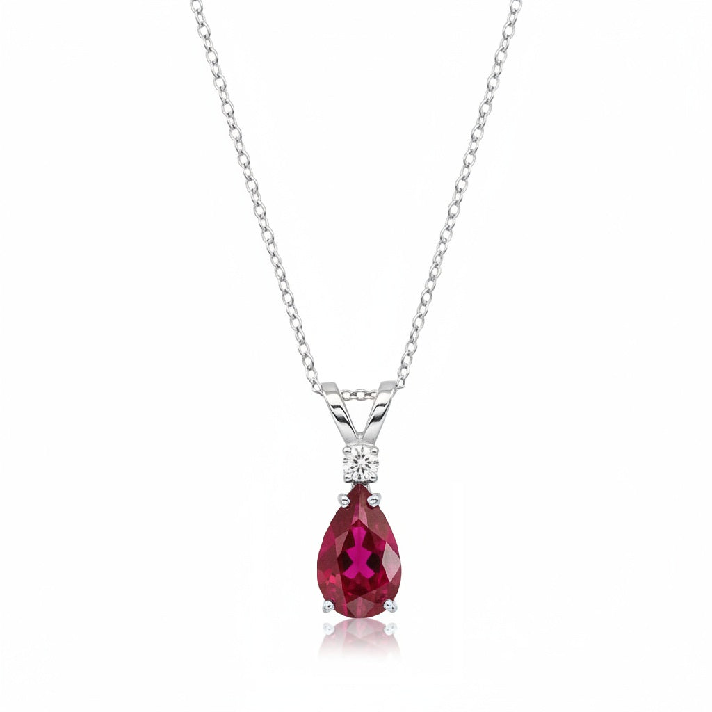 Pear Ruby & Diamond Solitaire Pendant Necklace 14k White Gold (0.75ct)
