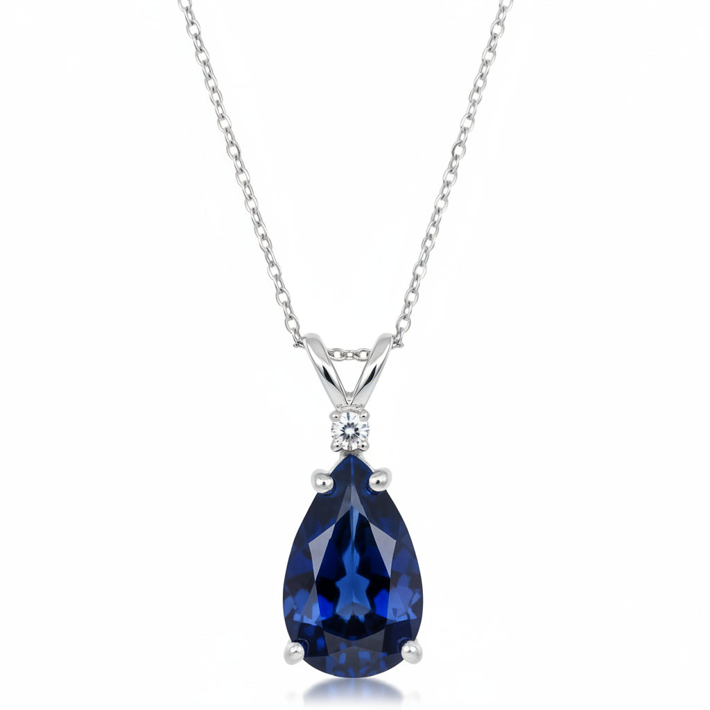 Pear Blue Sapphire & Diamond Solitaire Pendant Necklace 14k White Gold (2.05ct)