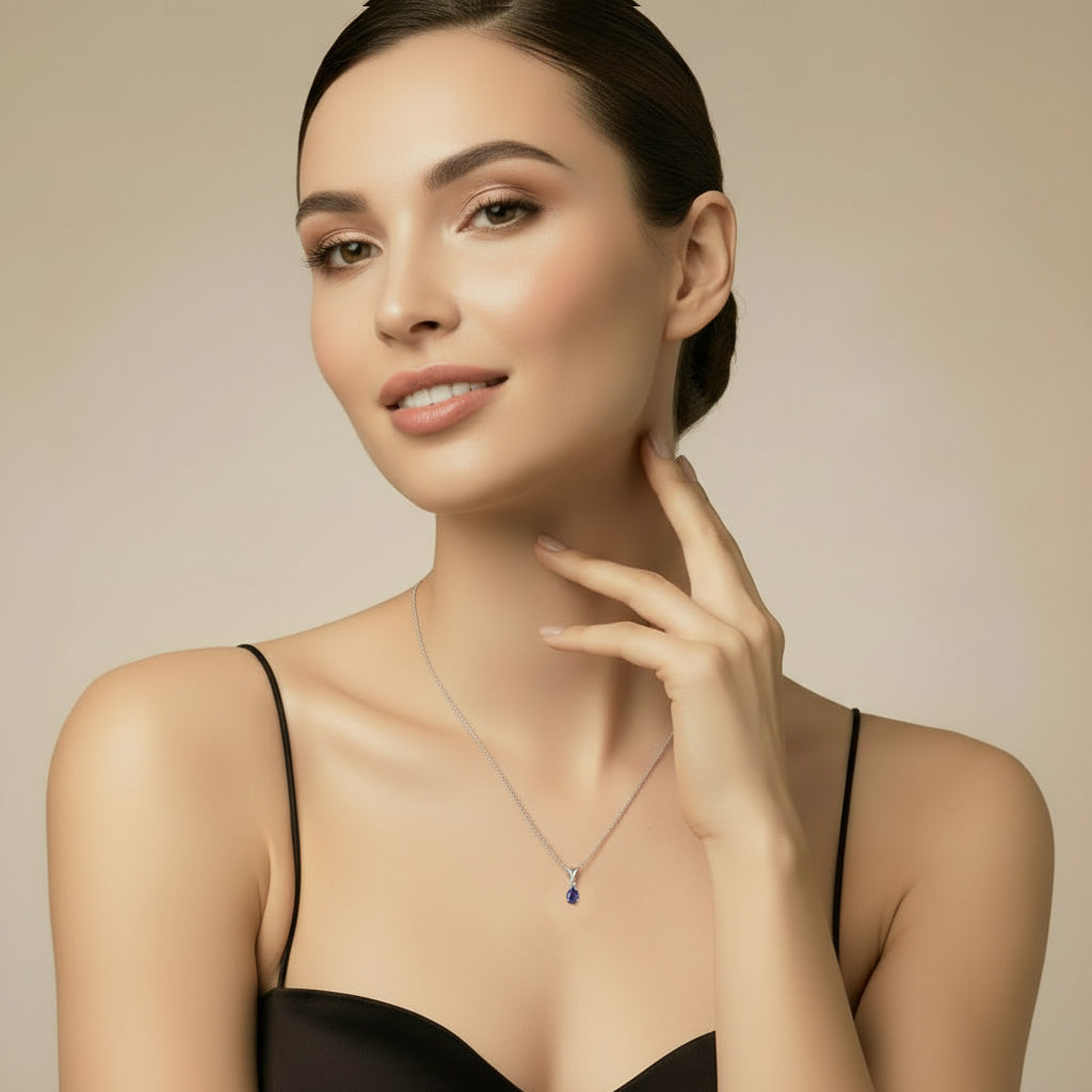 Pear Blue Sapphire & Diamond Solitaire Pendant Necklace 14k White Gold (0.75ct)