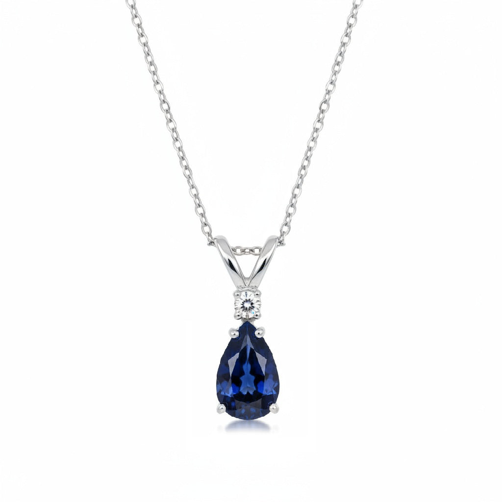 Pear Blue Sapphire & Diamond Solitaire Pendant Necklace 14k White Gold (0.75ct)