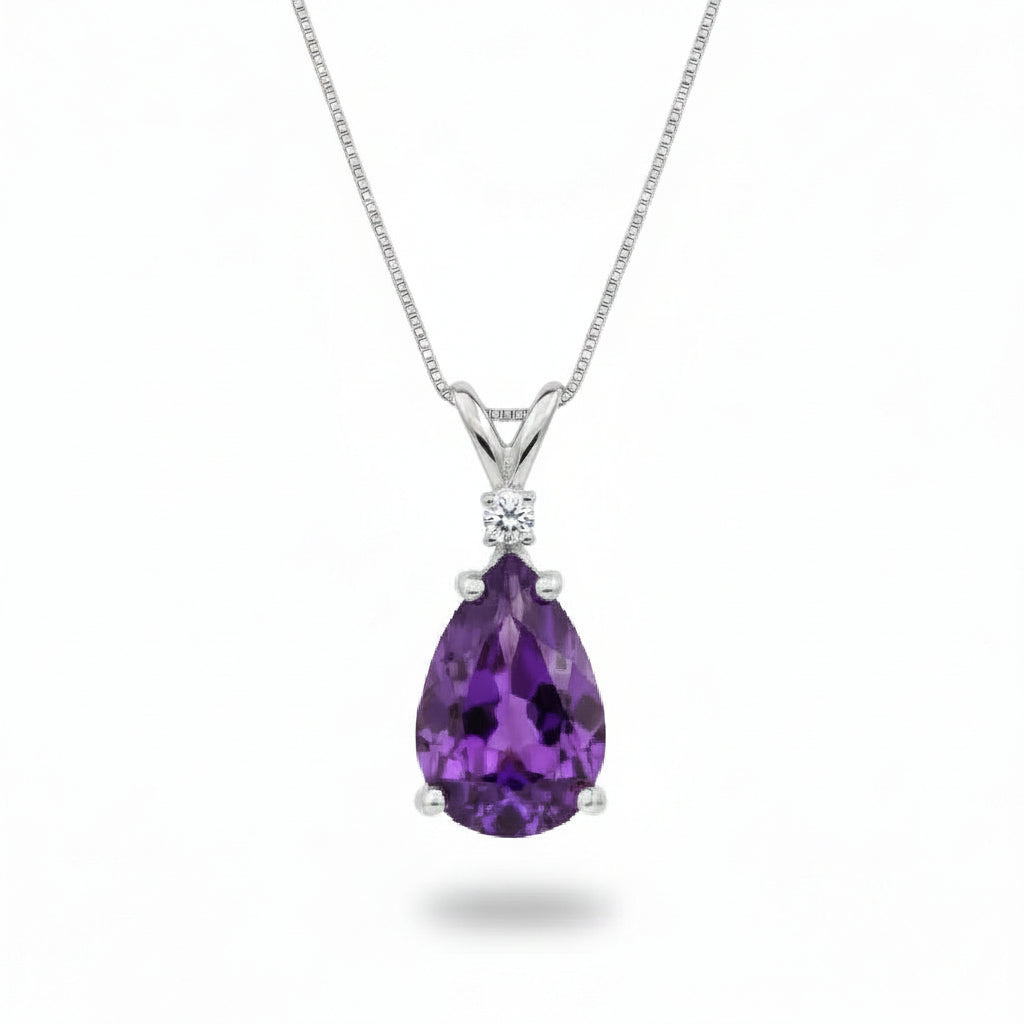 Pear Amethyst & Diamond Solitaire Pendant Necklace 14k White Gold (1.35ct)