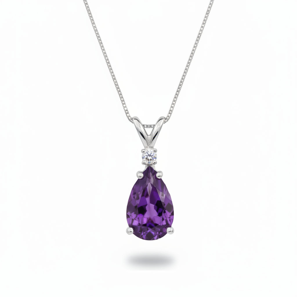 Pear Lab Amethyst & Diamond Solitaire Pendant Necklace 14k White Gold (1.00ct)