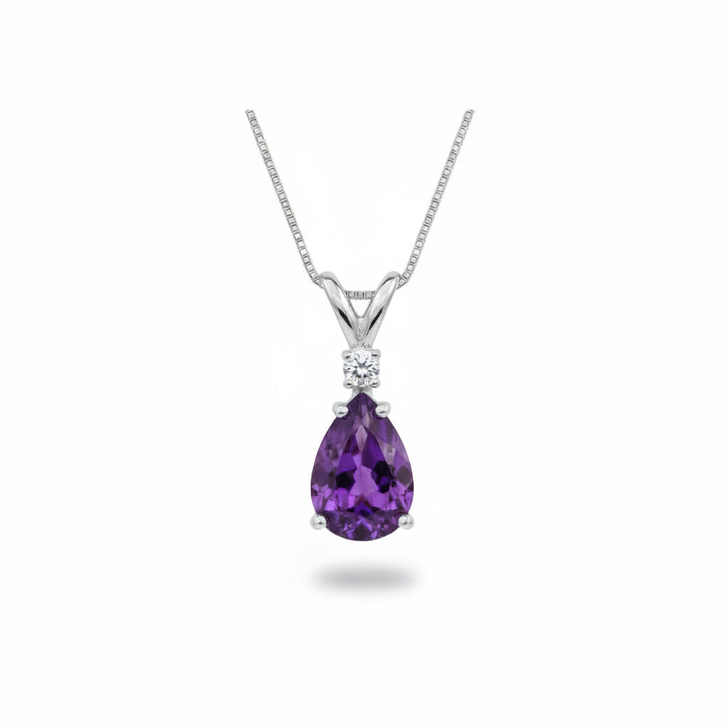 Pear Lab Amethyst & Diamond Solitaire Pendant Necklace 14k White Gold (0.75ct)
