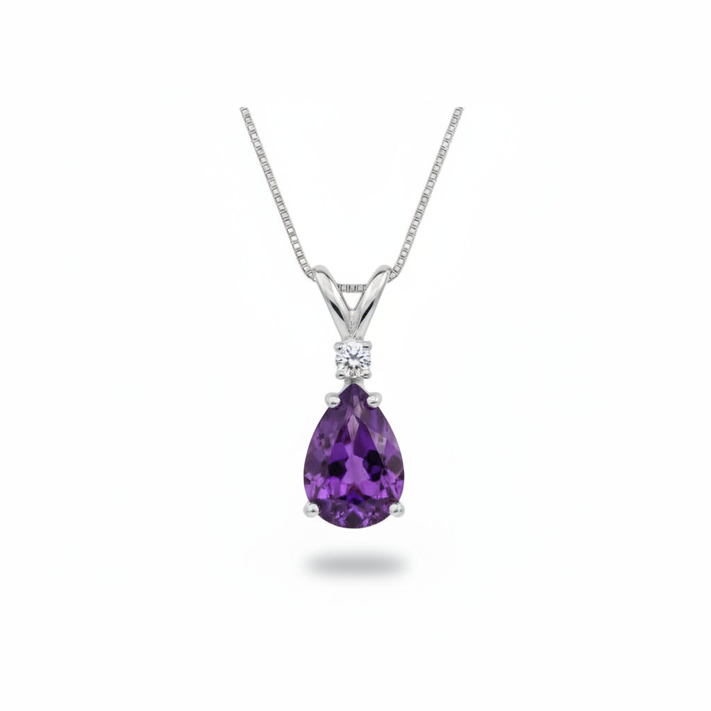 Pear Amethyst & Diamond Solitaire Pendant Necklace 14k White Gold (0.75ct)