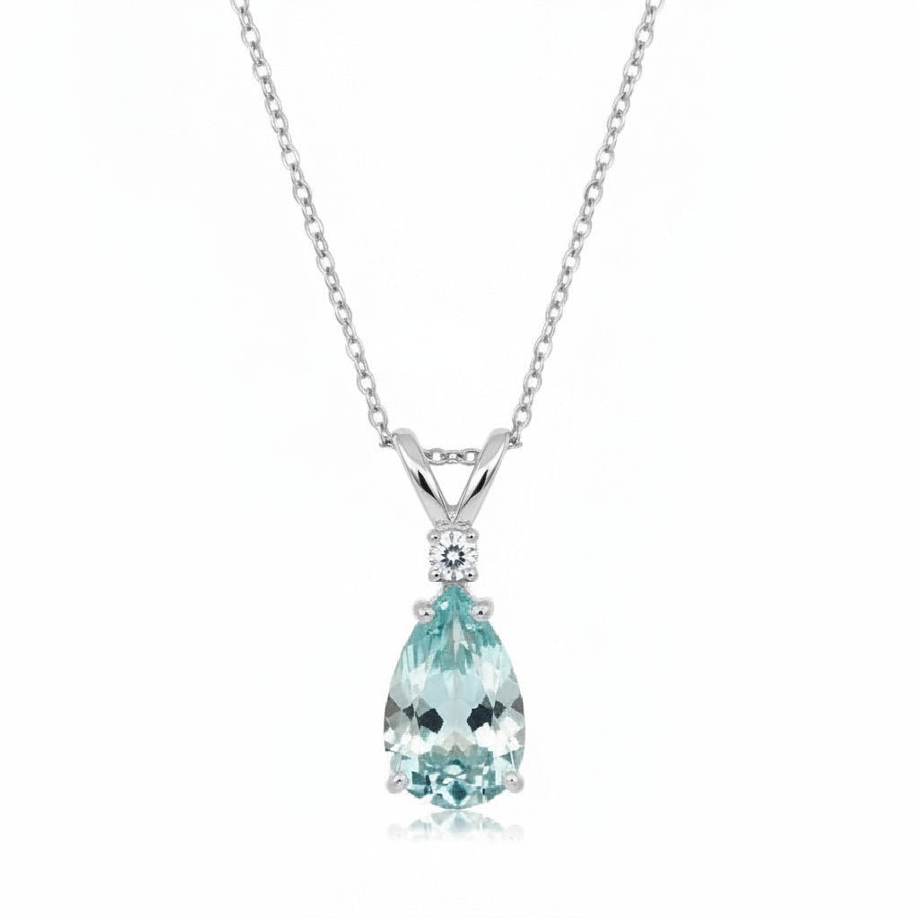 Pear Aquamarine & Diamond Solitaire Pendant Necklace 14k White Gold (1.00ct)