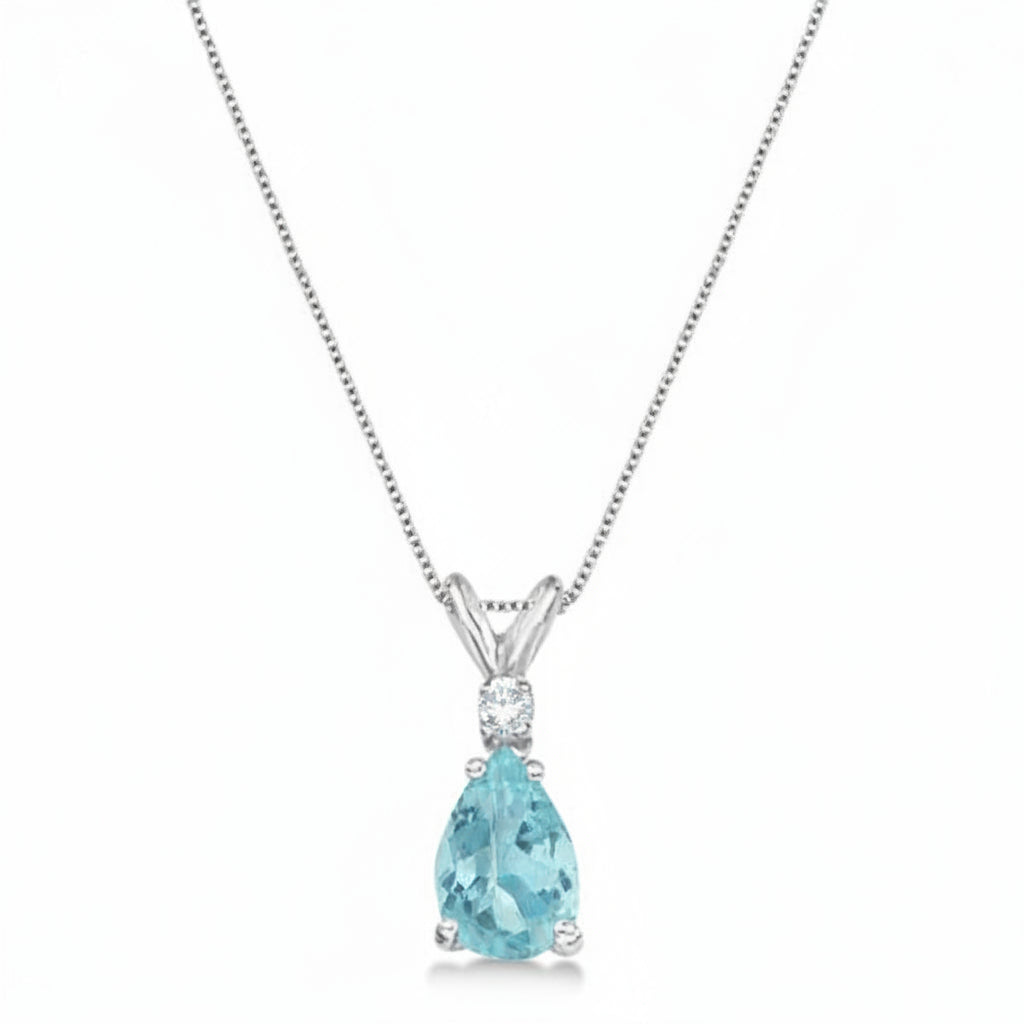 Pear Aquamarine & Diamond Solitaire Pendant Necklace 14k White Gold (1.40ct)