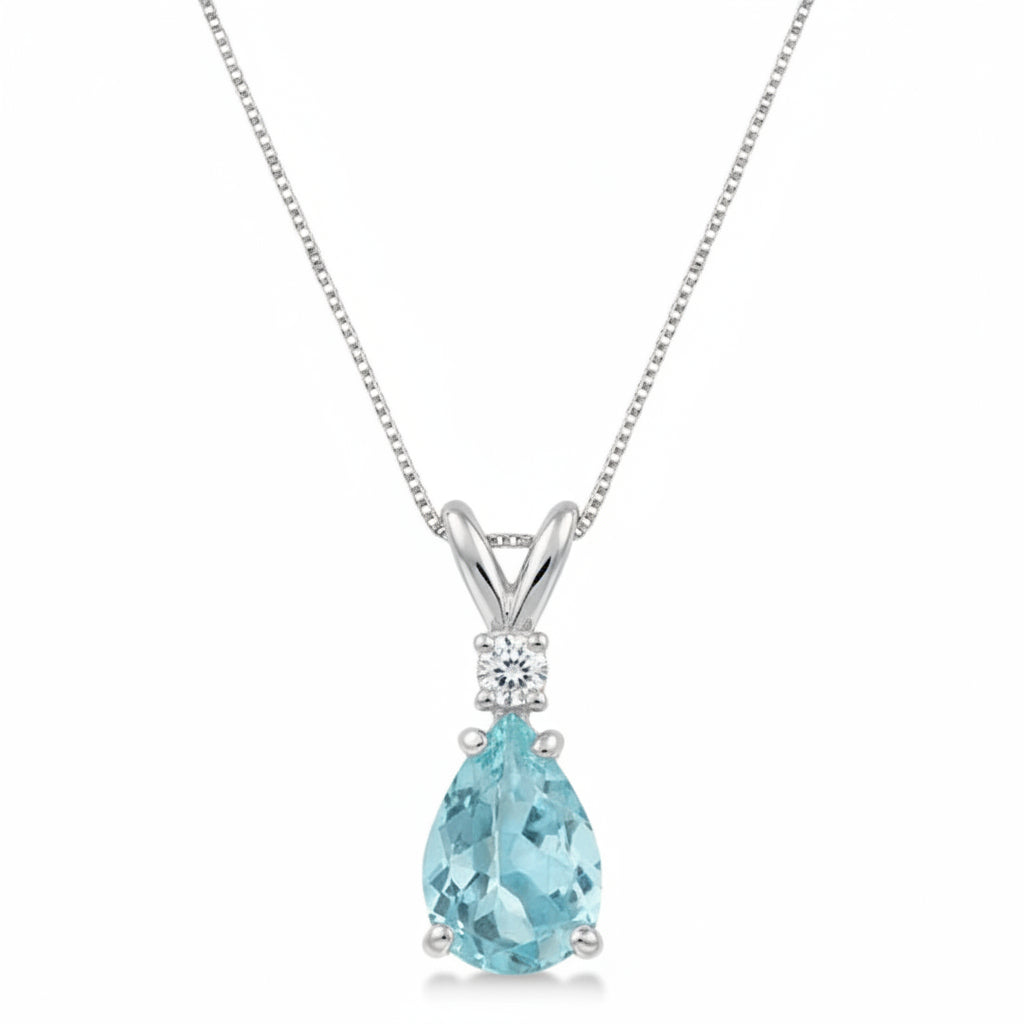 Pear Aquamarine & Diamond Solitaire Pendant Necklace 14k White Gold (1.40ct)
