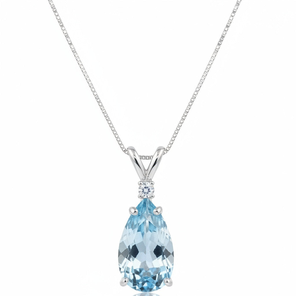 Pear Aquamarine & Diamond Solitaire Pendant Necklace 14k White Gold (1.40ct)