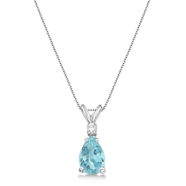 Pear Lab Aquamarine & Diamond Solitaire Pendant Necklace 14k White Gold (0.75ct)