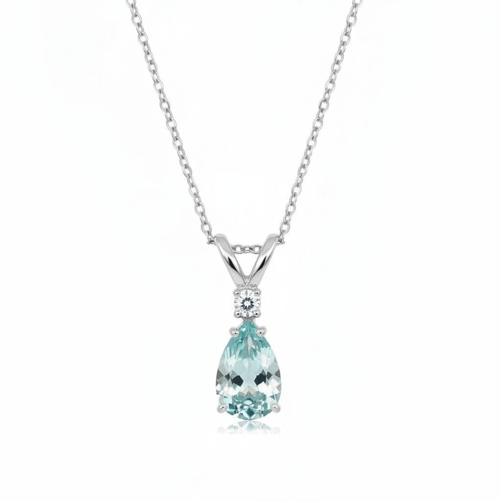Pear Lab Aquamarine & Diamond Solitaire Pendant Necklace 14k White Gold (0.75ct)