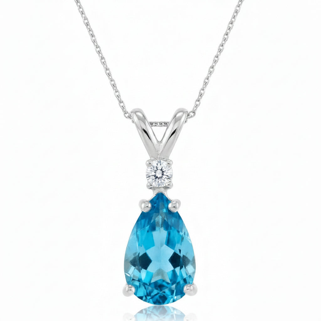 Pear Lab Blue Topaz & Diamond Solitaire Pendant Necklace 14k White Gold (1.45ct)