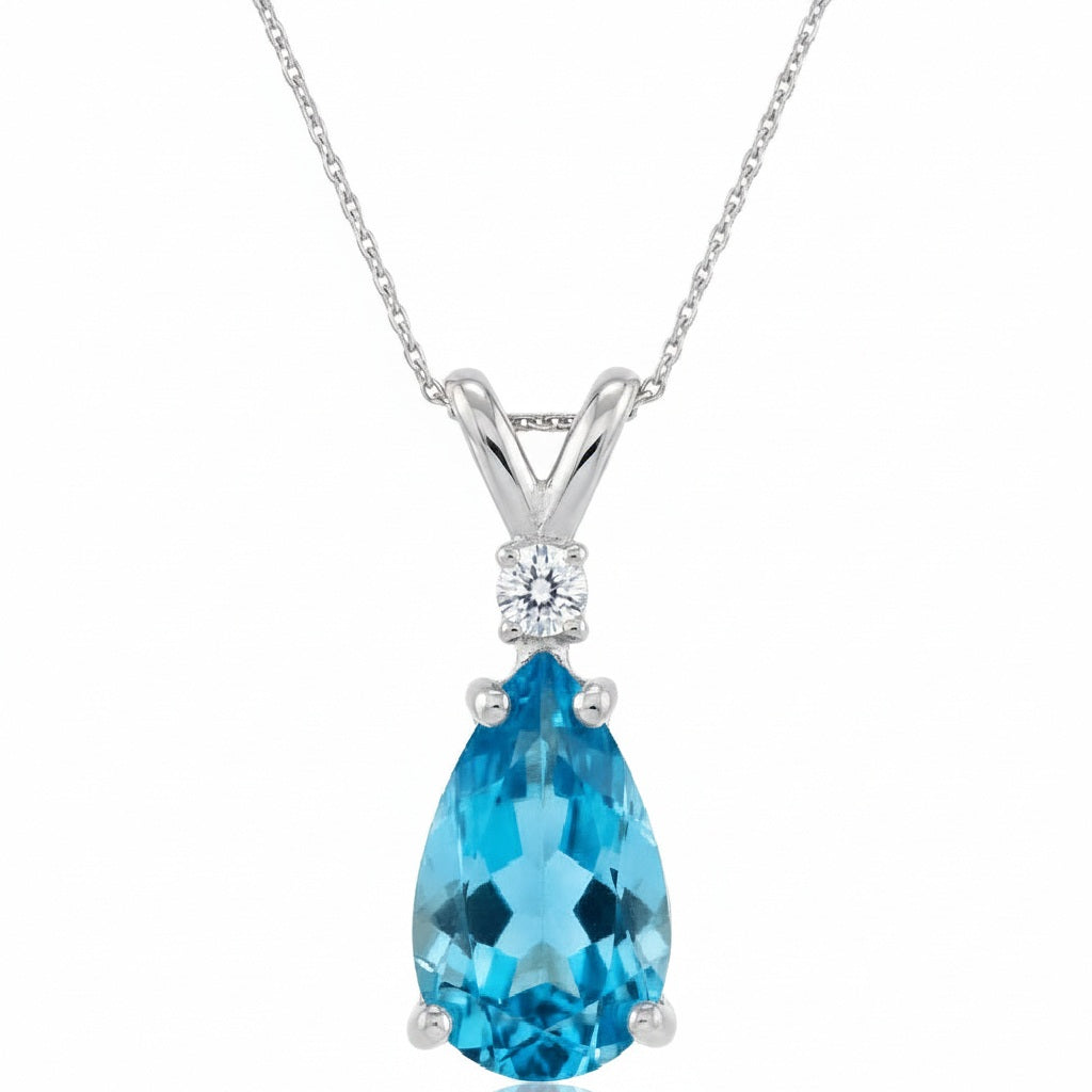 Pear Lab Blue Topaz & Diamond Solitaire Pendant Necklace 14k White Gold (1.75ct)