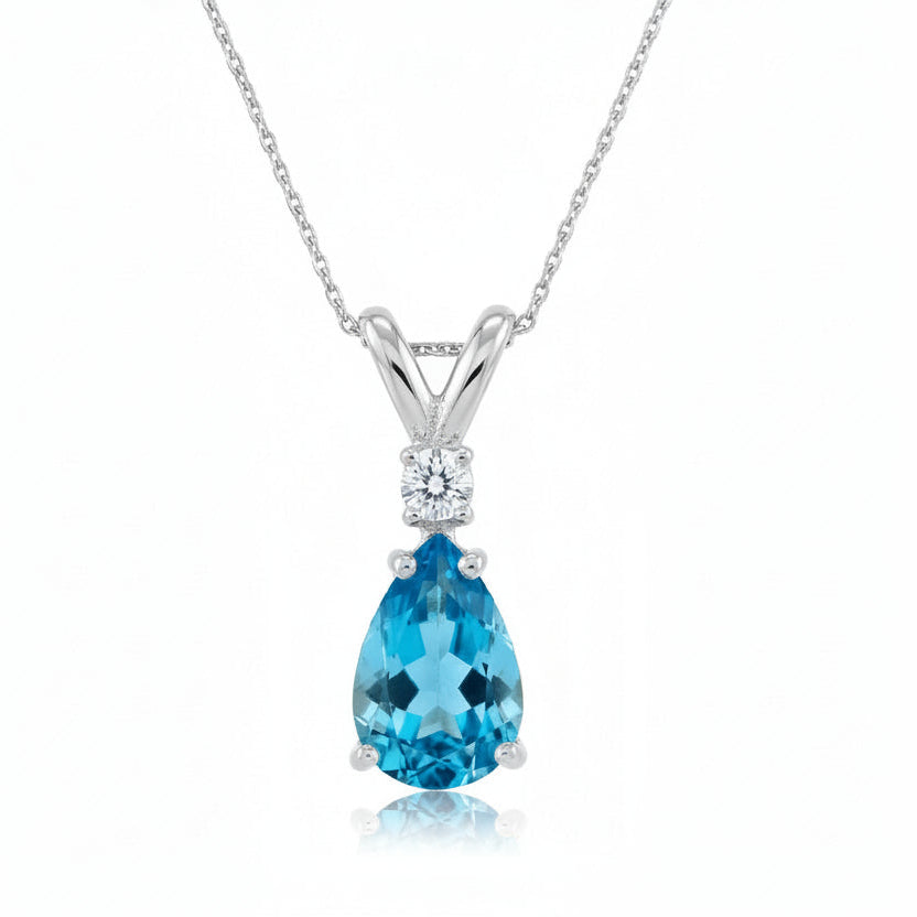 Pear Lab Blue Topaz & Diamond Solitaire Pendant Necklace 14k White Gold (0.75ct)