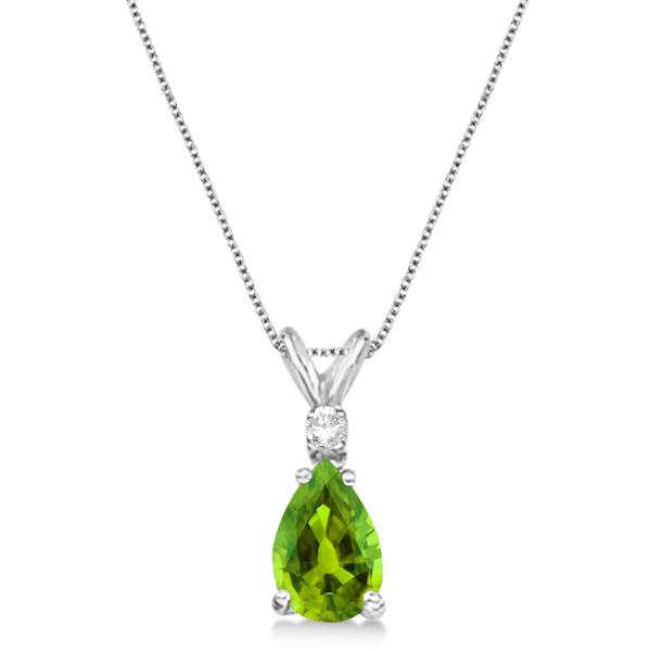 Pear Peridot & Diamond Solitaire Pendant Necklace 14k White Gold (0.75ct)