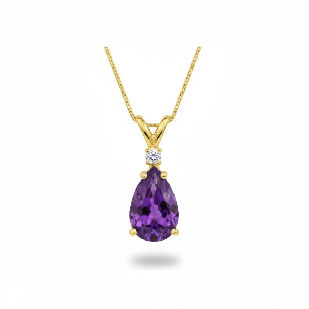 Pear Amethyst & Diamond Solitaire Pendant Necklace 14k Yellow Gold (1.00ct)