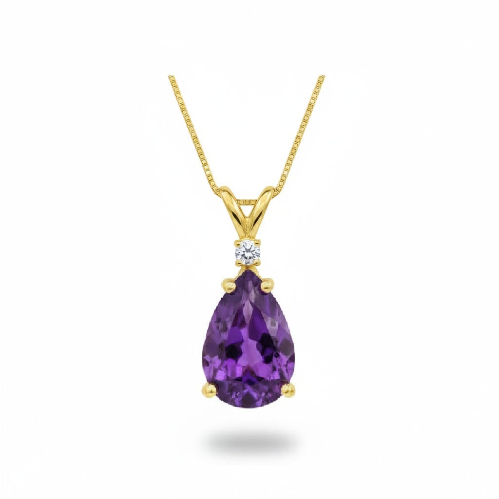 Pear Amethyst & Diamond Solitaire Pendant Necklace 14k Yellow Gold (1.35ct)