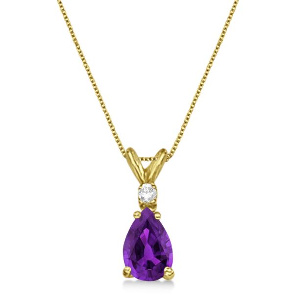 Pear Amethyst & Diamond Solitaire Pendant Necklace 14k Yellow Gold (0.75ct)