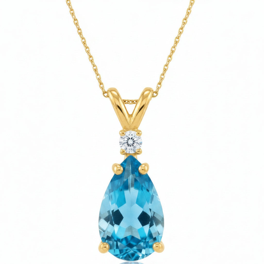 Pear Blue Topaz & Diamond Solitaire Pendant Necklace 14k Yellow Gold (1.75ct)