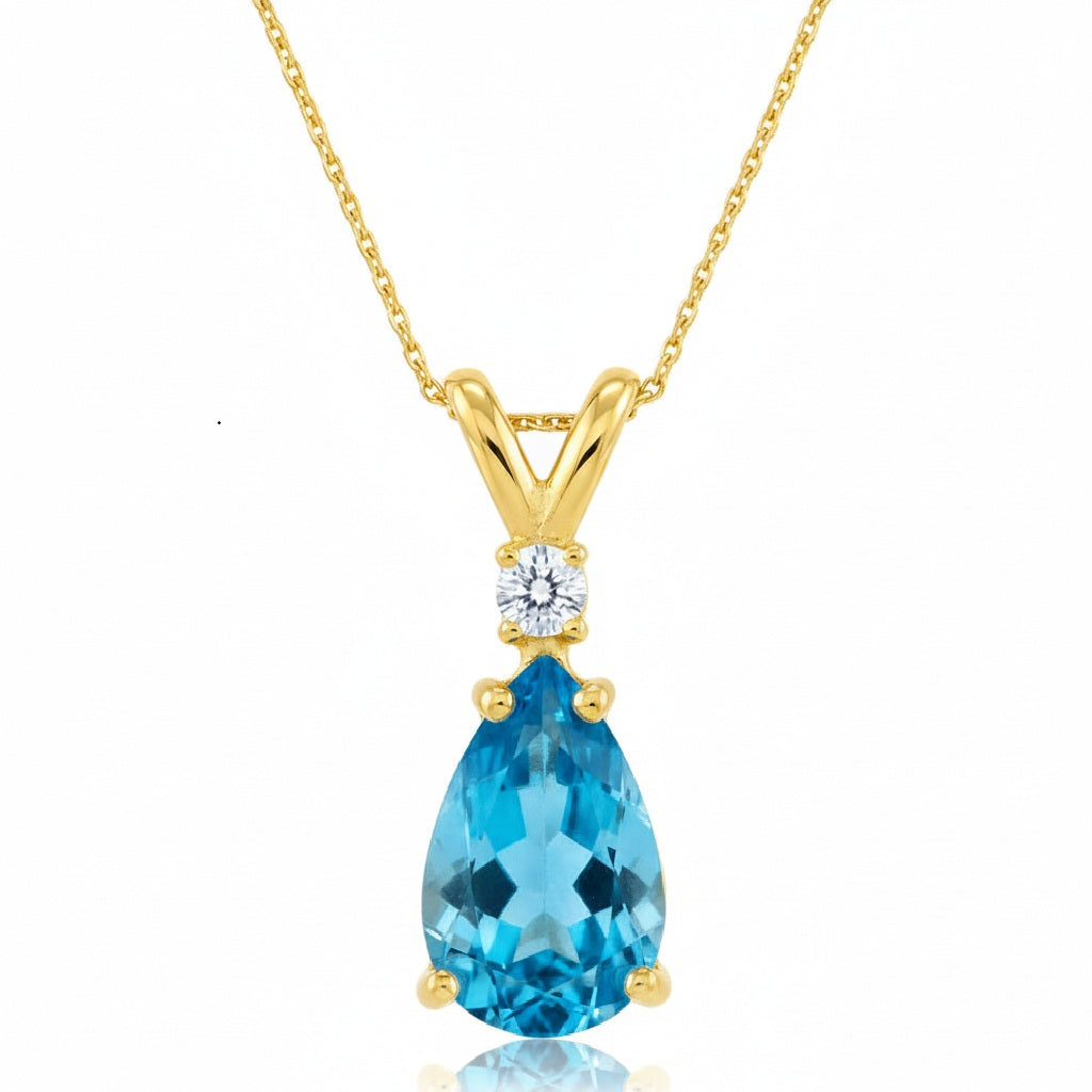 Pear Lab Blue Topaz & Diamond Solitaire Pendant Necklace 14k Yellow Gold (1.45ct)