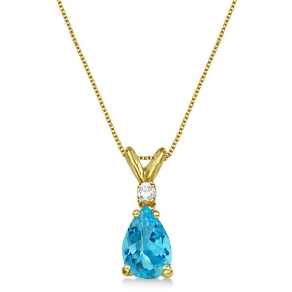Pear Lab Blue Topaz & Diamond Solitaire Pendant Necklace 14k Yellow Gold (0.75ct)