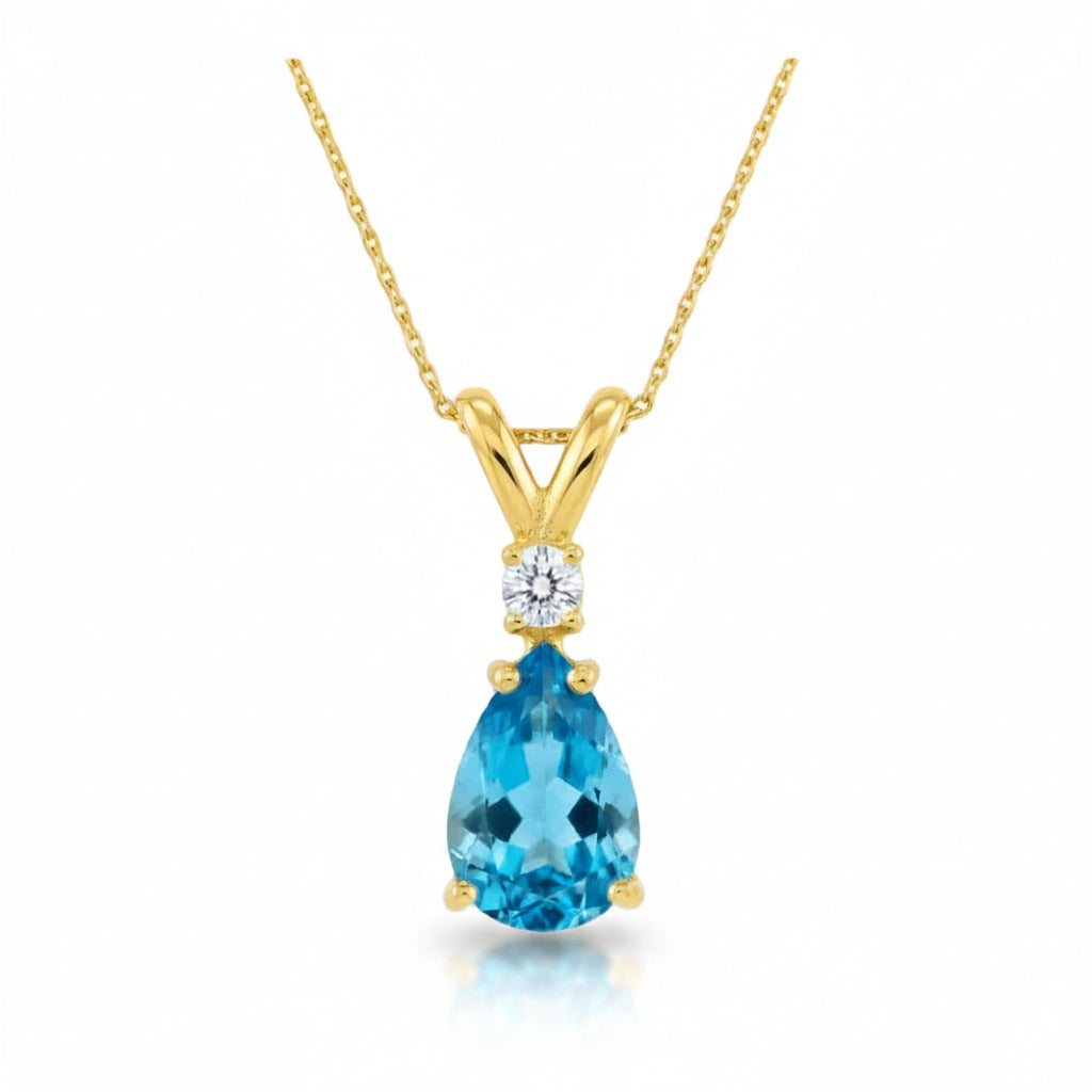 Pear Lab Blue Topaz & Diamond Solitaire Pendant Necklace 14k Yellow Gold (0.75ct)