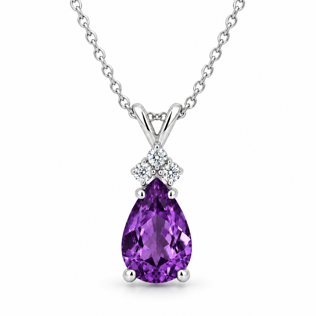 Pear Amethyst & Diamond Solitaire Pendant 14k White Gold (2.05ct)