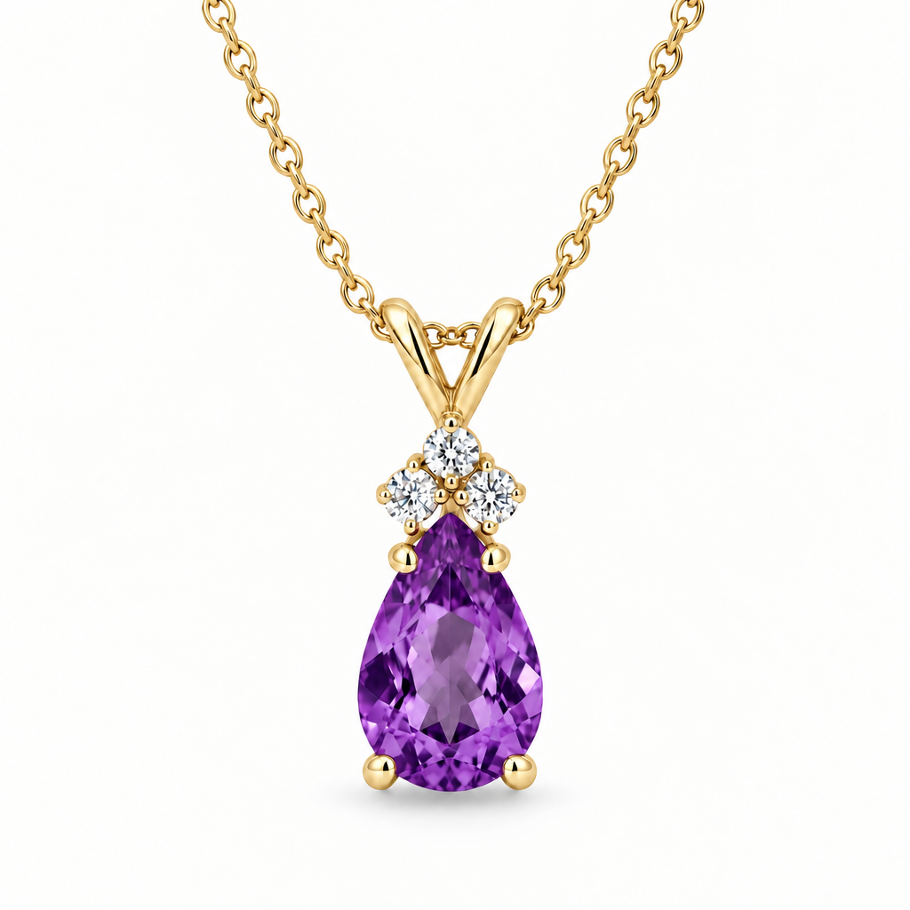 Pear Lab Amethyst & Lab Diamond Solitaire Pendant 14k Yellow Gold (1.05ct)