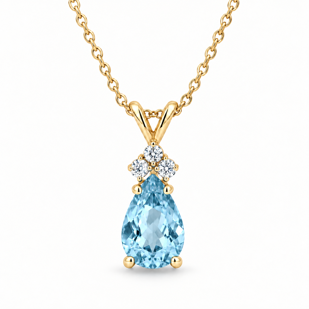 Pear Lab Aquamarine & Lab Diamond Solitaire Pendant 14k Yellow Gold (1.05ct)