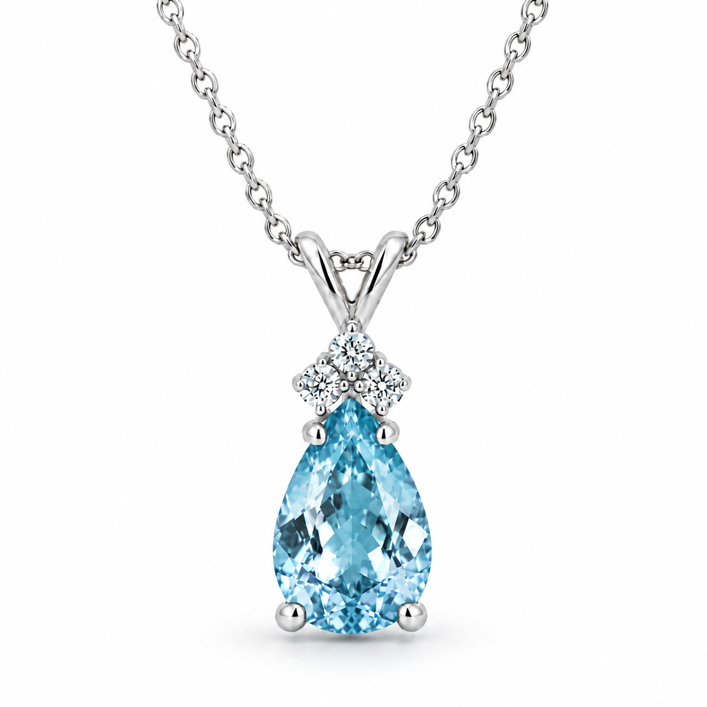 Pear Lab Aquamarine & Lab Diamond Solitaire Pendant 14k White Gold (2.05ct)