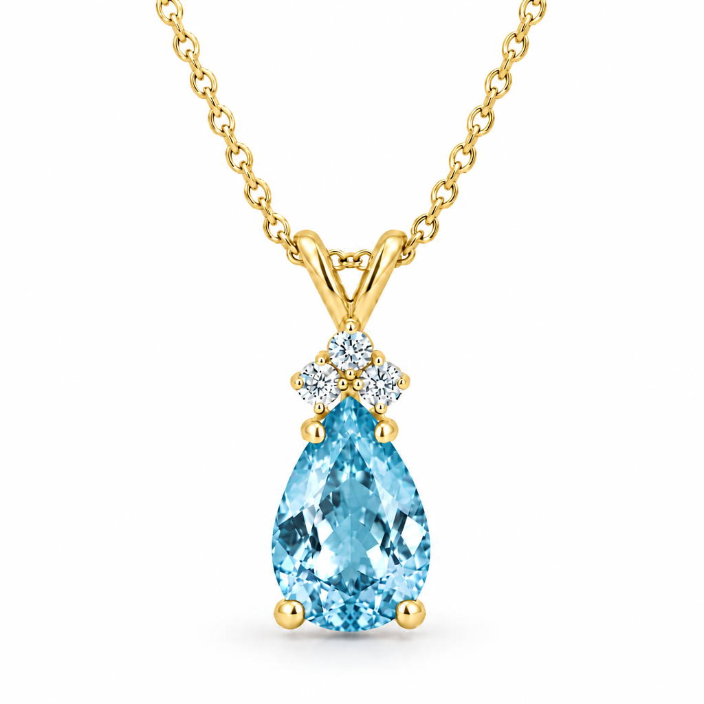 Pear Lab Aquamarine & Lab Diamond Solitaire Pendant 14k Yellow Gold (2.05ct)