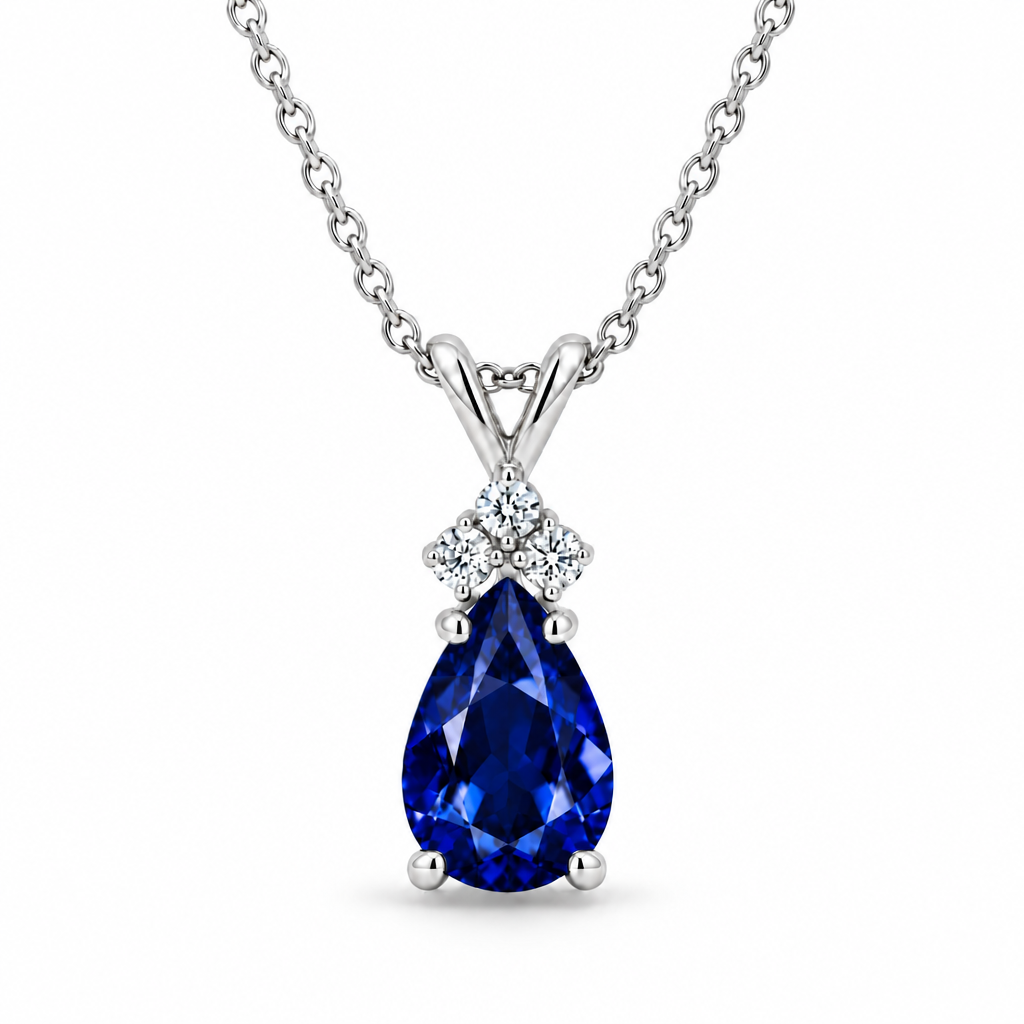 Pear Blue Sapphire & Diamond Solitaire Pendant 14k White Gold (1.05ct)